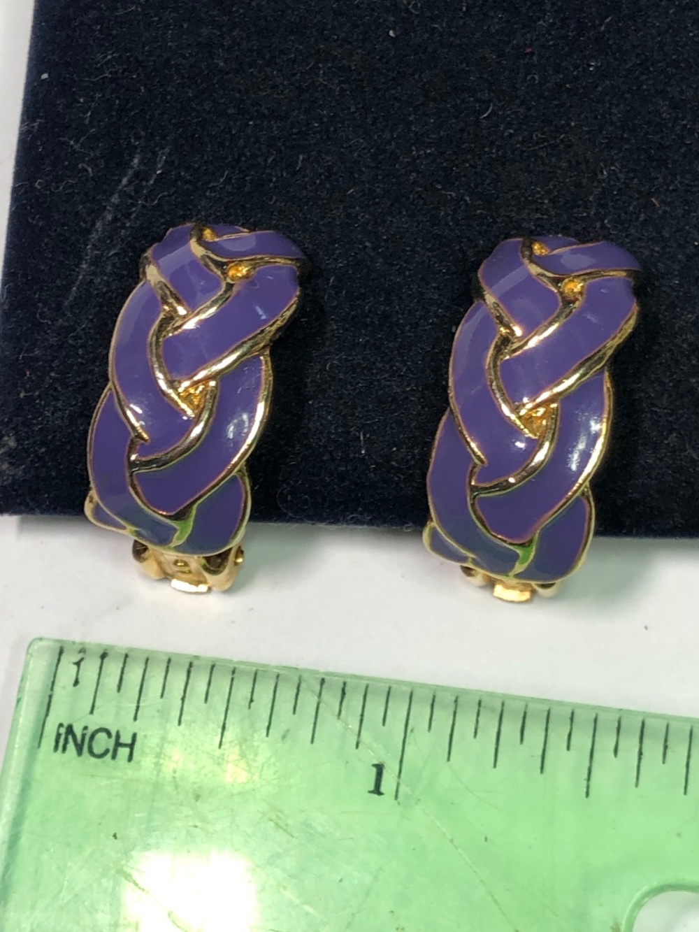 Vintage purple enamel hoop clip on earrings gold tone 1”